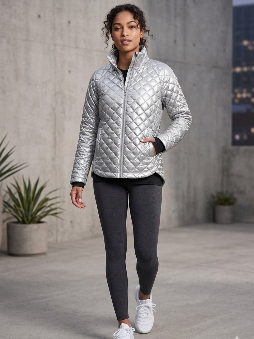 Athleta Silver Quilted Diamond-Pattern Jacket